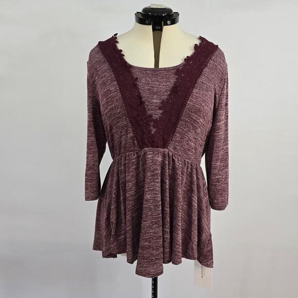 Bloomchic Blouse Women's 1X Plus Knit Round Neck Lace Long Sleeve Burgundy NWT - Picture 8 of 8